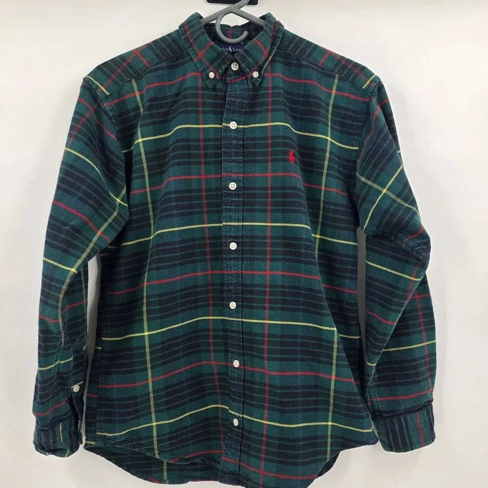 VINTAGE 90S RALPH LAUREN PLAID BUTTON DOWN BOYS XL GREEN RED PREPPY PONY HOLIDAY